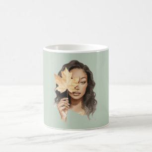 Taza De Café Verde Negro Hembra Amarillo Hoja Caída