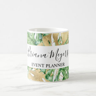 Taza De Café Verde Palma Hojas Dorado Blanco Tropical