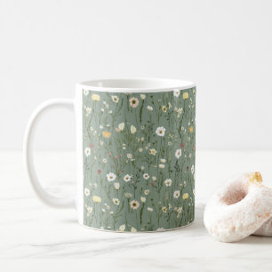 Taza De Café Verde Salvia Amarillo Blanco Boho Flores Silvestre