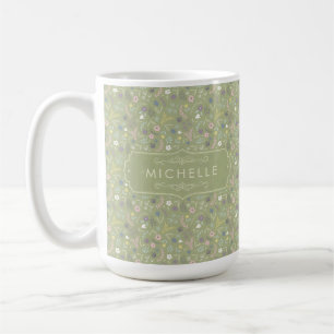 Taza De Café Verde Salvia Flores Blancas Rosadas Patrón Floral