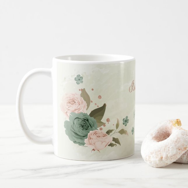 Taza De Café verde salvia rubor floral  (Con donut)