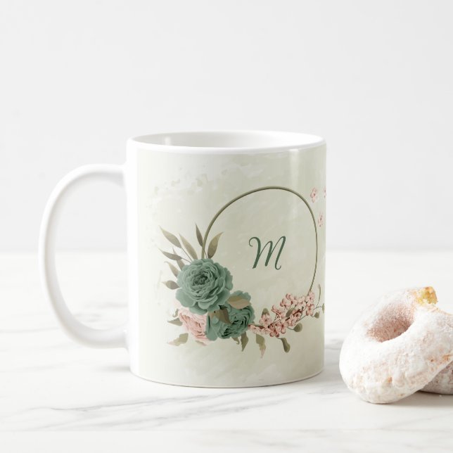 Taza De Café verde salvia rubor floral  (Con donut)