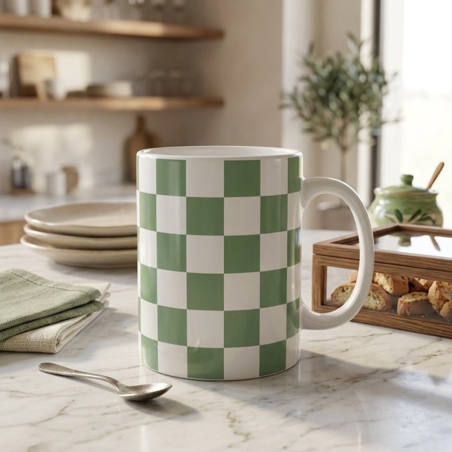 Taza De Café Verde Salvia y Blanco a Cuadros (Subido por el creador)
