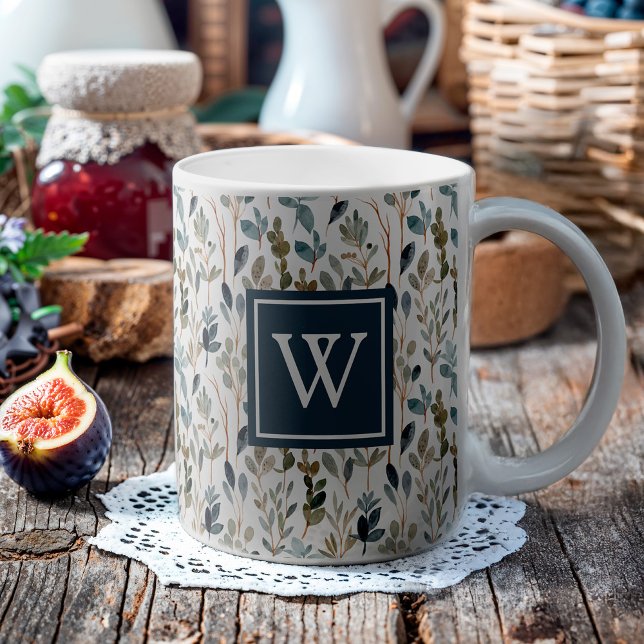 Taza De Café Verdor de acuarela botánica monograma (This mug features a winter-inspired botanical floral with a monogram square navy.)