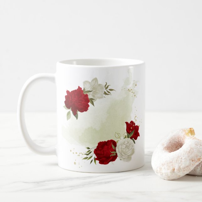Taza De Café Verdor floral rojo blanco (Con donut)