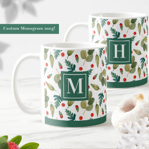 Taza De Café Verdor monogramado, festivo y rojo verde holly