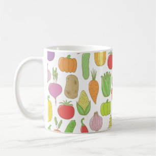 Taza De Café Verduras hechas a mano, fondo de doodle vintage.
