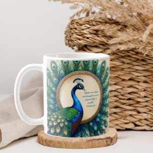 Taza De Café Versículo de la Biblia de la Flor del Pavo Real Ce