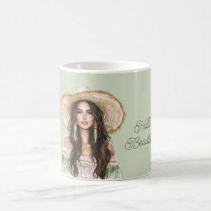 Taza De Café Vestido Verde Rosa Sombrero Femenino