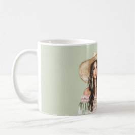 Taza De Café Vestido Verde Rosa Sombrero Femenino