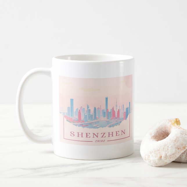Taza De Café Viaje de Shenzhen China Futurista Skyline Pastel (Con donut)