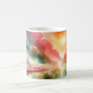 Taza De Café Viaje en tren al atardecer tropical con acuarela