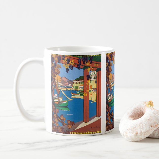 Taza De Café Viajes de época, Mar Mediterráneo de la Riviera Fr (Con donut)