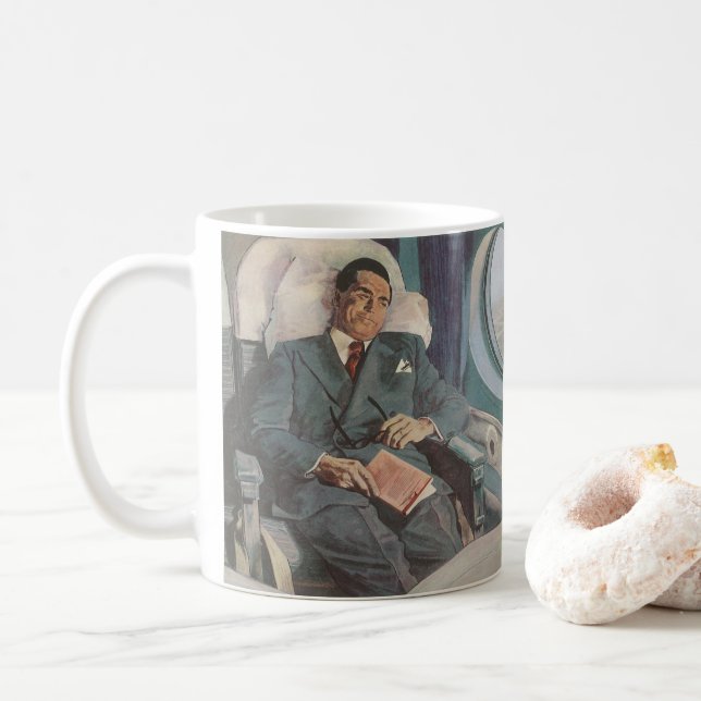 Taza De Café Viajes de negocios antiguos, lectura en el avión (Con donut)