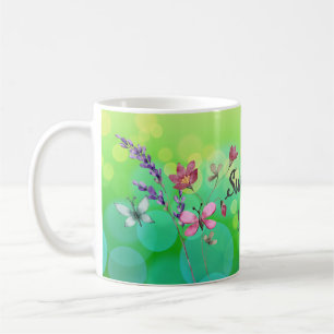 Taza De Café Vibes de verano y mariposas texto personal verde