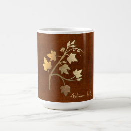 Taza De Café Vibraciones de otoño rama de vid dorada cuero marr