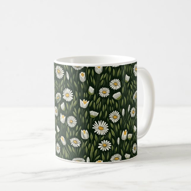 Taza De Café Vibrant Daisy Pattern with Lush Green Accents (Anverso derecho)
