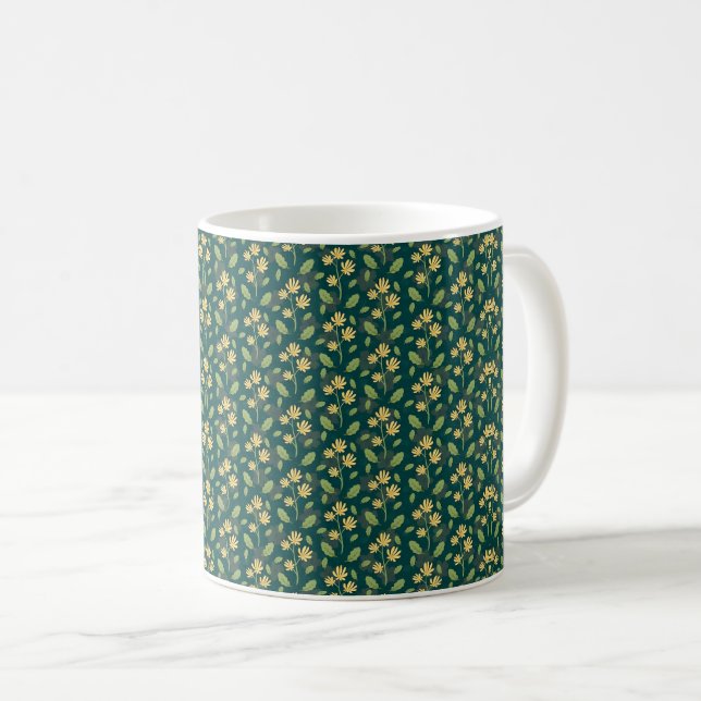 Taza De Café Vibrant Green Pattern with Yellow Flowers & Leaves (Anverso derecho)