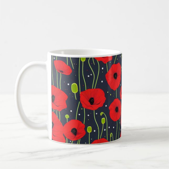 Taza De Café Vibrant Modern Red Poppies Pattern Art (Izquierda)