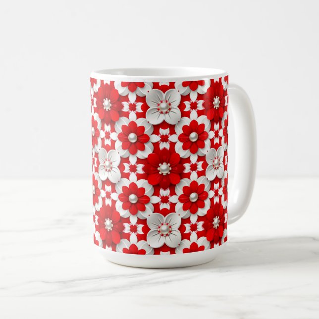 Taza De Café Vibrant Red And White Floral Pattern With Pearl (Anverso derecho)