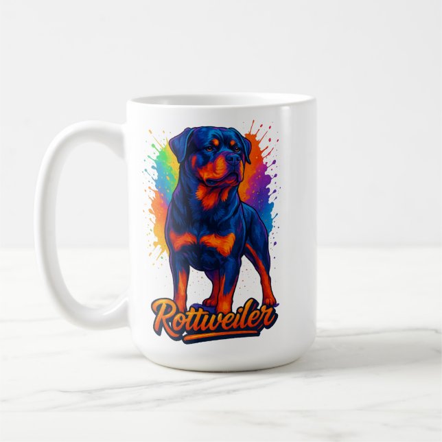 Taza De Café Vibrant Rottweiler Pop Art – Bold Neon Dog (Izquierda)