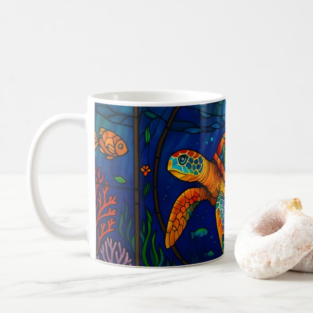 Taza De Café Vibrant Stained Glass Sea Turtle Ocean Design (Con donut)