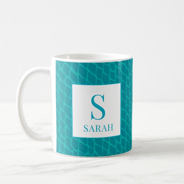 Taza De Café Vibrant Teal Scale Mermaid Monogram Custom Name (Izquierda)
