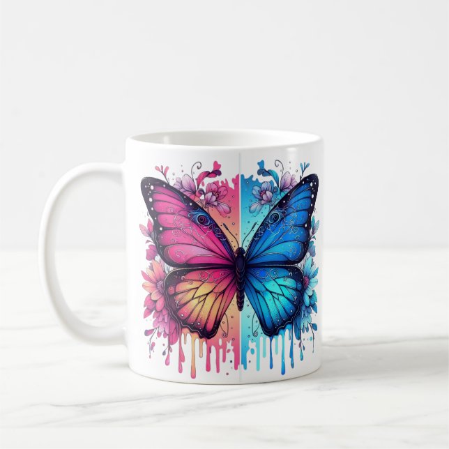Taza De Café Vibrante Arte de mariposa: Alas gradientes, Floral (Izquierda)