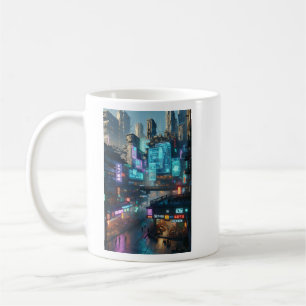Taza De Café Vibrante Neon Cyberpunk Cityscape Futurista