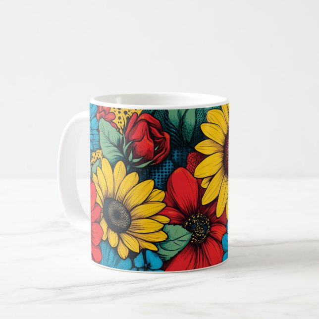 Taza De Café Vibrante Pop Art Floral Design con girasoles (Anverso izquierdo)