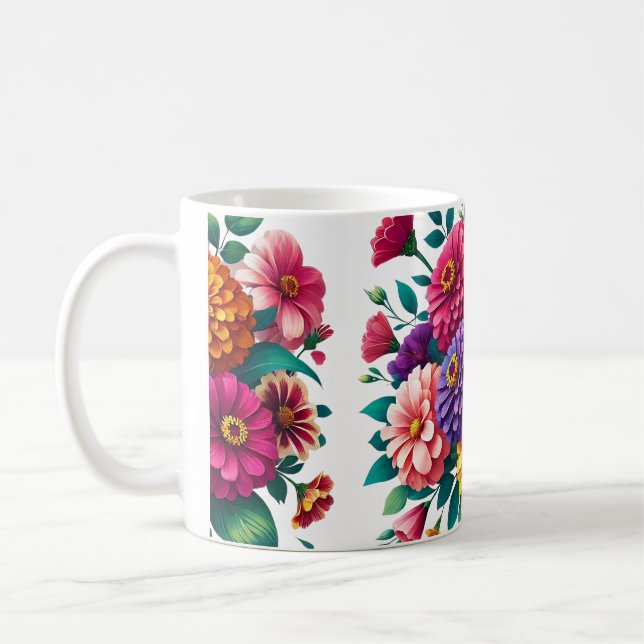 Taza De Café Vibrantes Zinnias y diseño floral Cosmos (Izquierda)