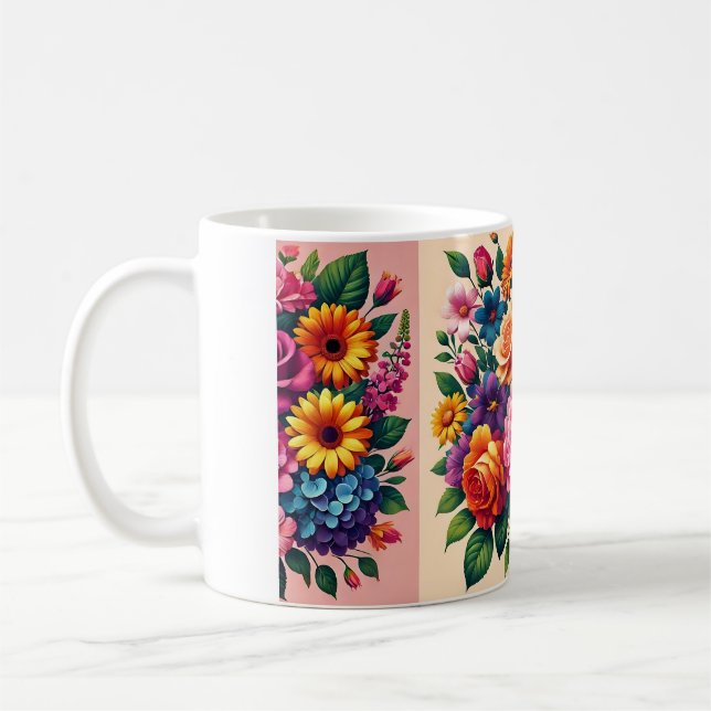 Taza De Café Vibrantes Zinnias y diseño floral Cosmos (Izquierda)