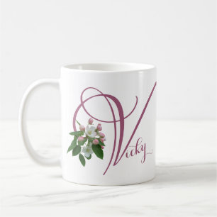Taza De Café Vicky nombre monograma personalizable floral rosa