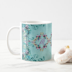 Taza De Café Victoriano floral verde azulado morado elegante