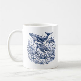Taza De Café Vida Marina Vintage Azul y Blanco Náutico