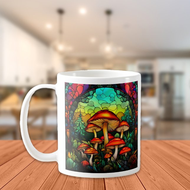 Taza De Café Vidrio emplomado setas rojas Toadstool Fantasía (Mushroom mug)