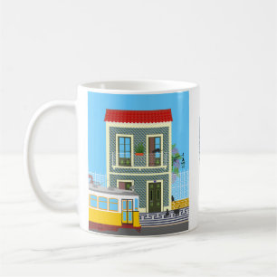 Taza De Café Vieja casa de Lisboa con gatos y tranvía amarillo