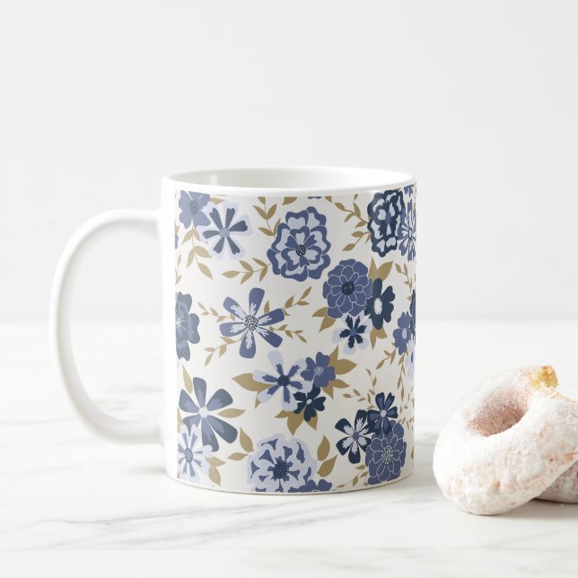 Taza De Café Vinos de flores vectoriales azules ilustradas (Con donut)