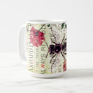 Taza De Café Vintage Bee Rose Bouquet Ephemera