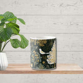 Taza De Café Vintage Boho Blanco Verde Dorado Pájaros Árboles