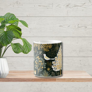 Taza De Café Vintage Boho Blanco Verde Dorado Pájaros Árboles