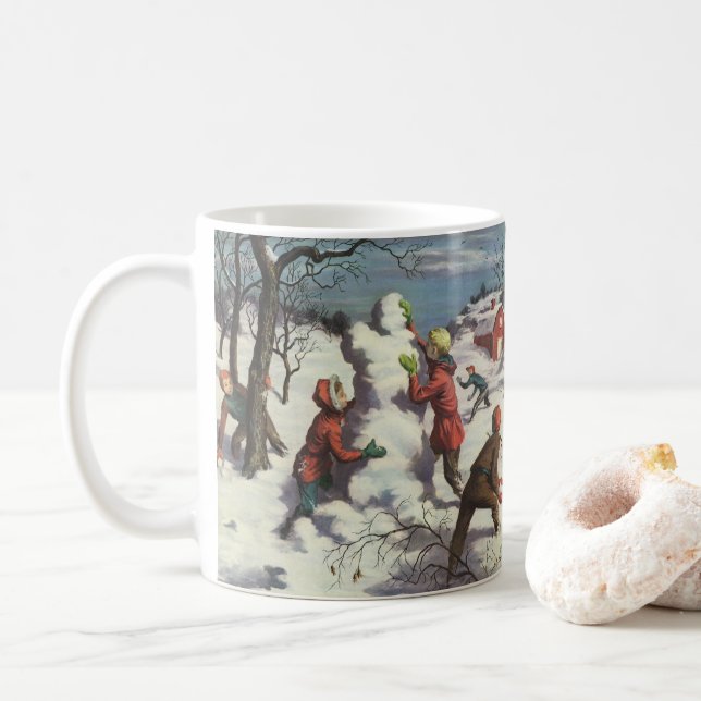Taza De Café Vintage Christmas, Children Snowball Fiesta (Con donut)