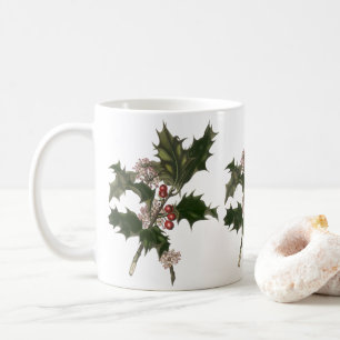 Taza De Café Vintage Christmas, Green Holly Plant with Berries