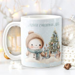 Taza De Café Vintage Christmas Snowman Name Text Blue Snowy Mug<br><div class="desc">Mugre lindo con un encantador muñeco de nieve vintage con árbol de Navidad sobre fondo nevado azul y tu propio texto - Kate Eden Art</div>