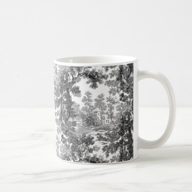 Taza De Café Vintage Cottage Landscape Toile-Black & White (Derecha)
