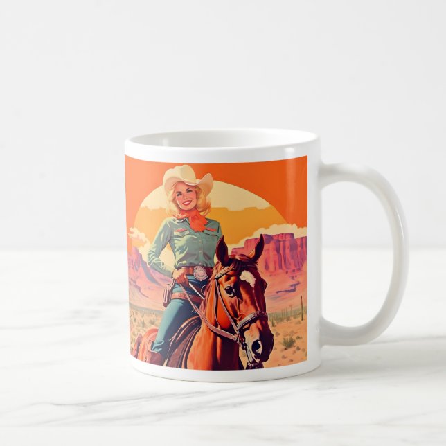 Taza De Café Vintage Cowgirl Riendo Caballo Occidental (Derecha)