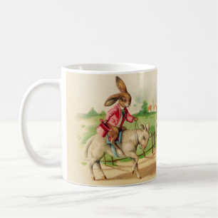 Taza De Café Vintage Easter Bunny Rabbit Riding Lambs Saludos