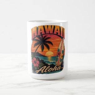 Taza De Café Vintage Hawaiian Sunset Palms Surfboard Aloha
