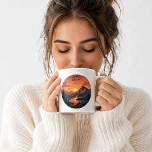 Taza de café vintage puesta de sol en la montaña  