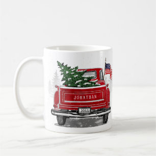 Taza De Café Vintage Red Truck Patriotic Flag Personalizado Hol